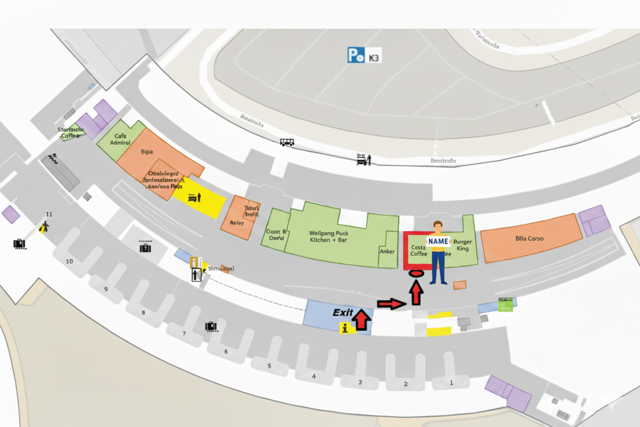 Treffpunkt Flughafentransfer Wien – vor Costa Coffee im Ankunftsbereich Terminal 3